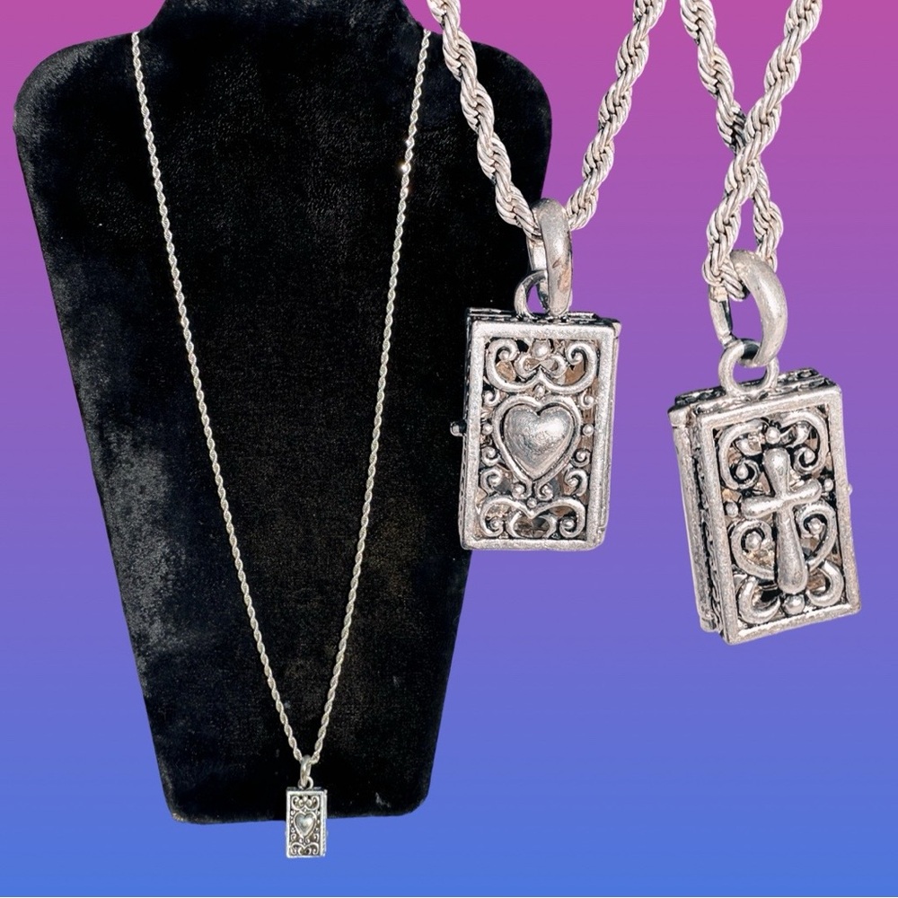 Sterling Silver Reversible Locket Necklace Heart & Cross. Opens Long Chain
